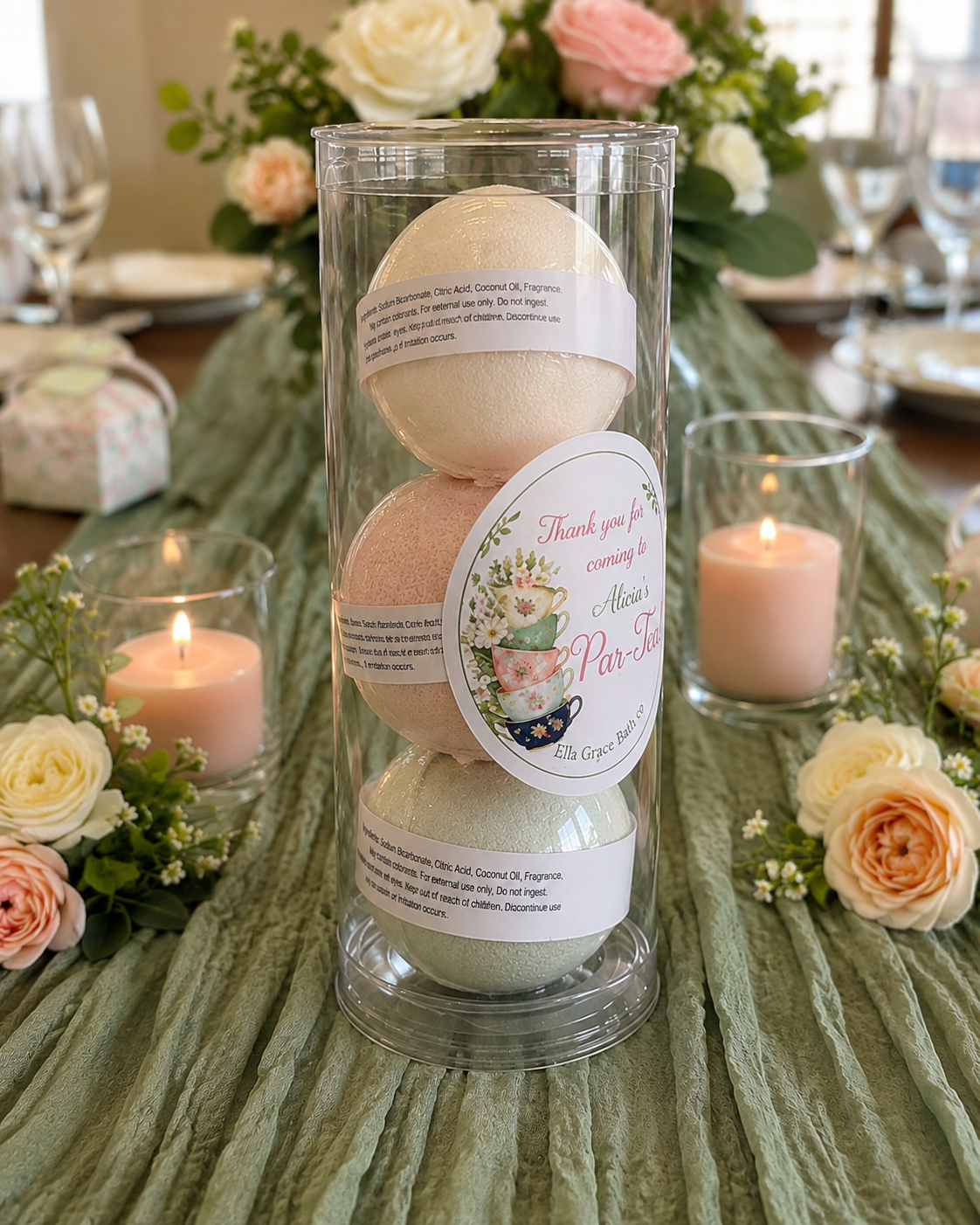 Custom bath bomb tubes for a luncheon — colourful party favours