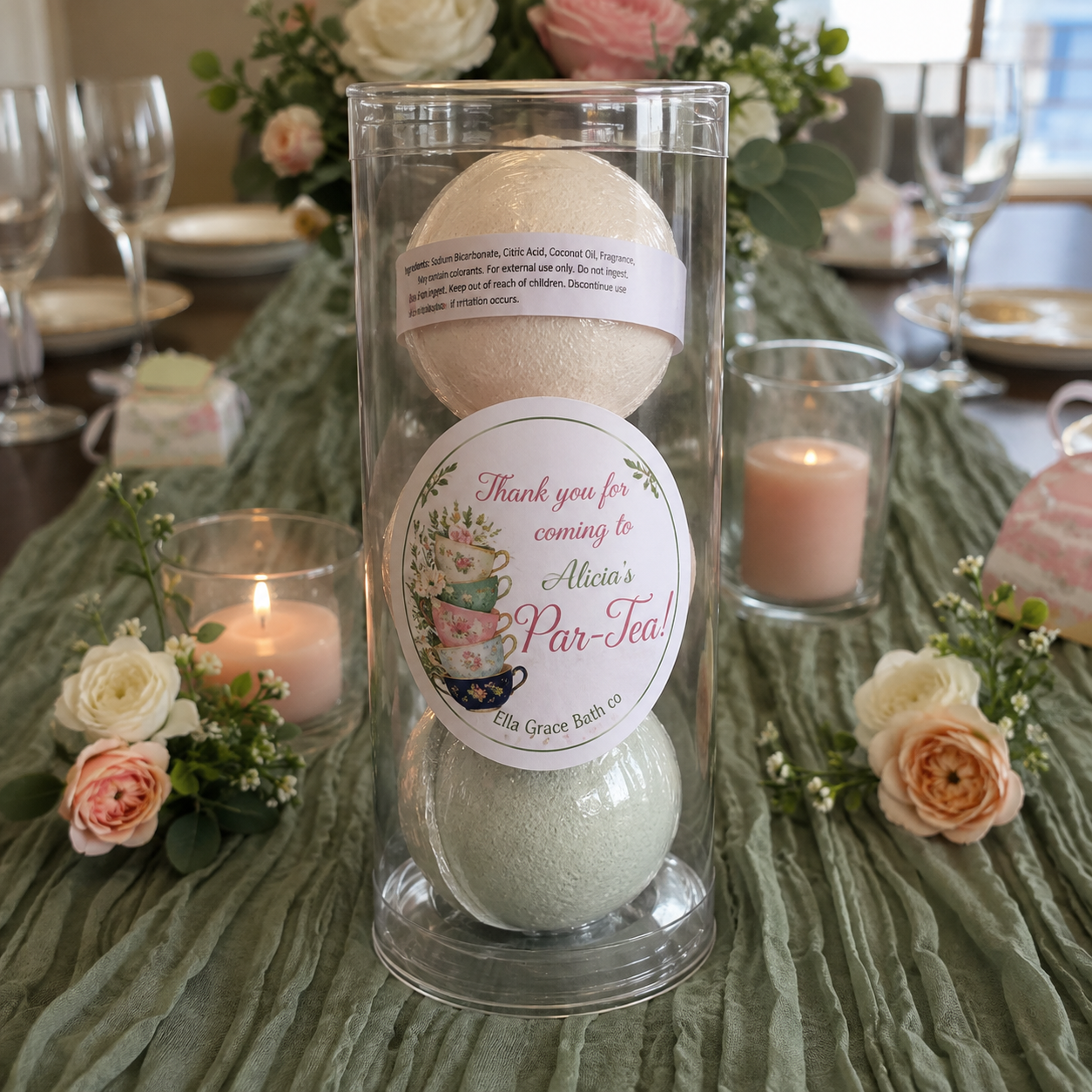 Handmade custom bath bombs arranged for a special event