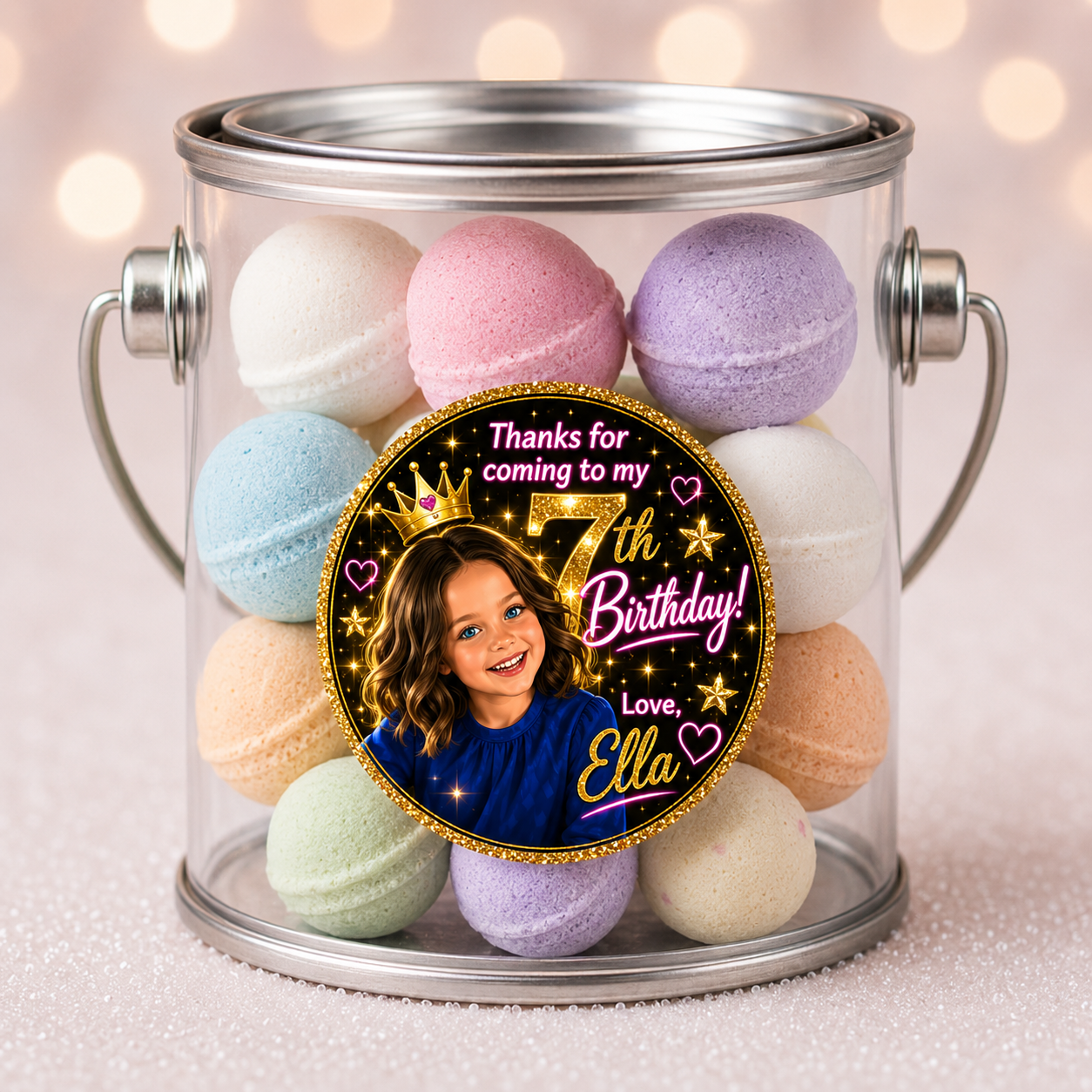 10 mini bath bombs in a clear paint can with a personalized birthday sticker